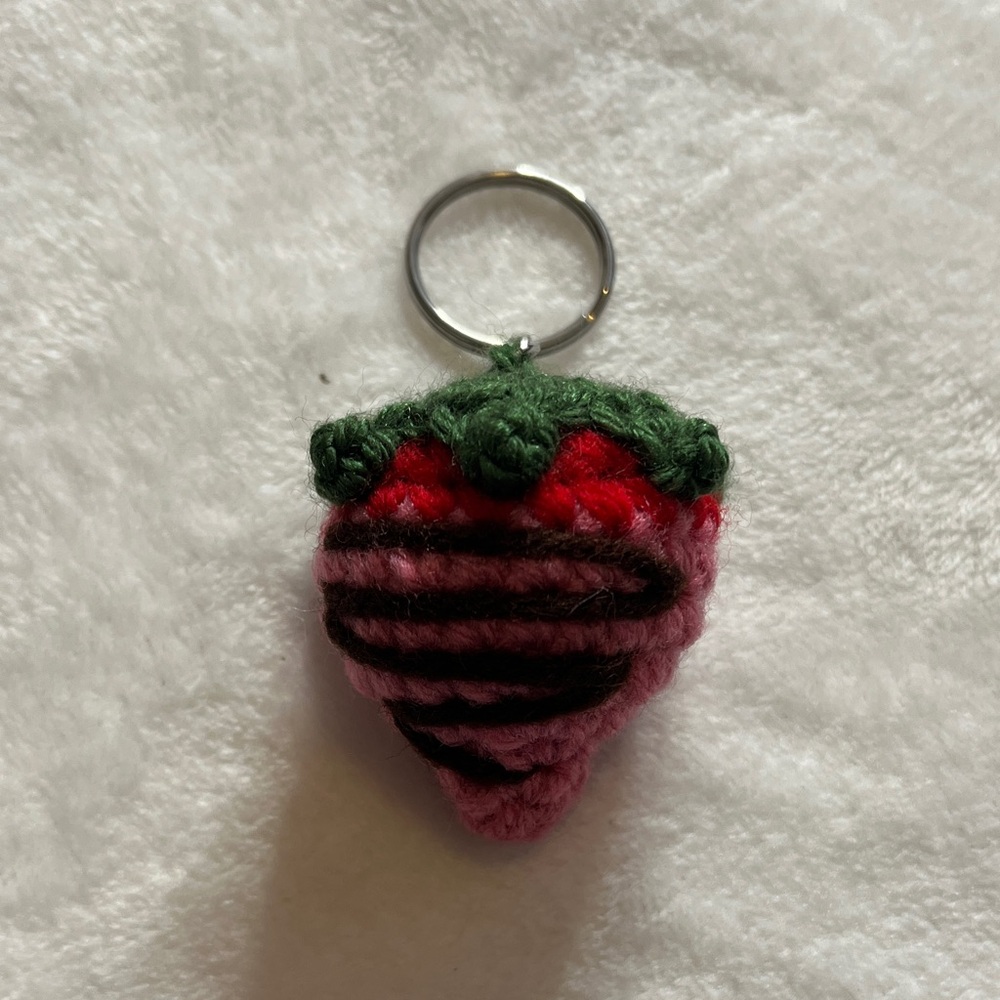 Crochet Strawberry with chocolate drizzle Keychain